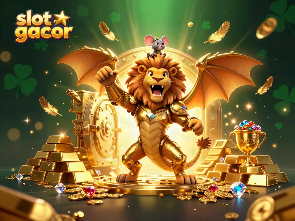 Experience the excitement of slot gacor with a roaring chimera and treasures bursting from a vault.