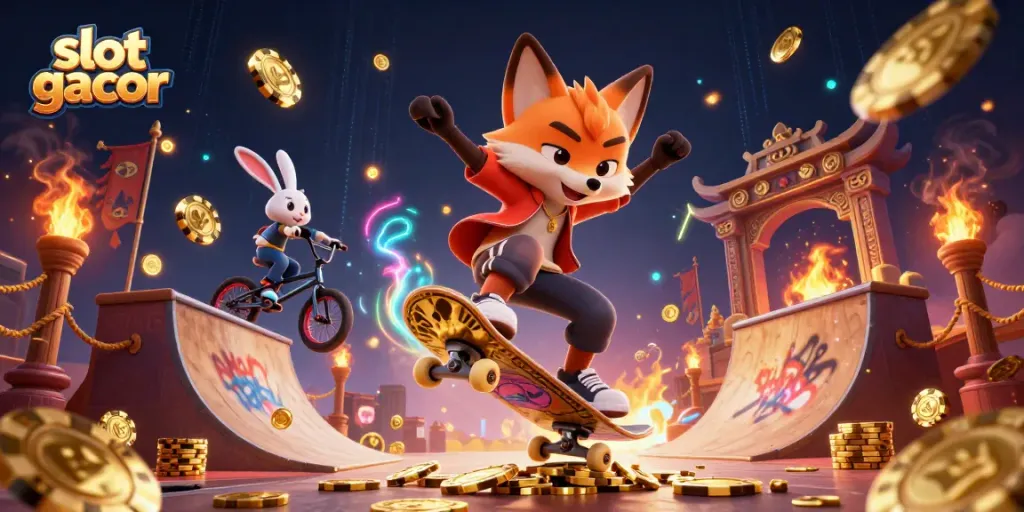 Experience thrilling slot gacor action with a skateboarder fox and BMX rabbit in a vibrant casino scene.