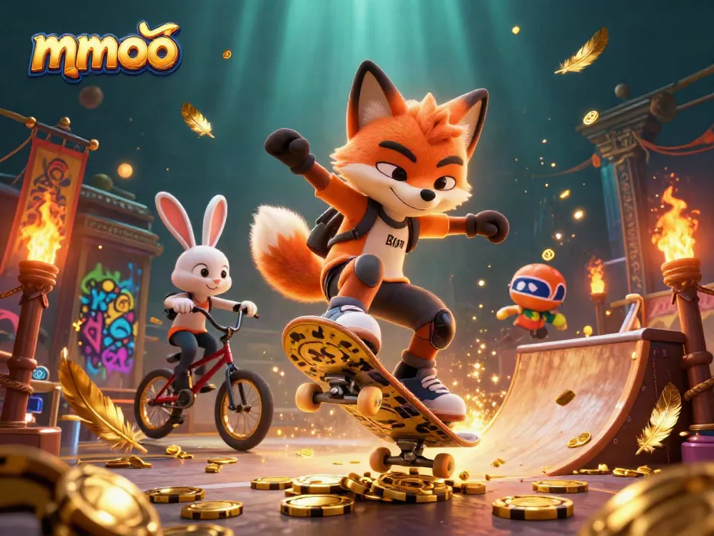 Experience casino thrills with mmoo as a skateboarder fox kicks flips over poker chips in a vibrant environment.