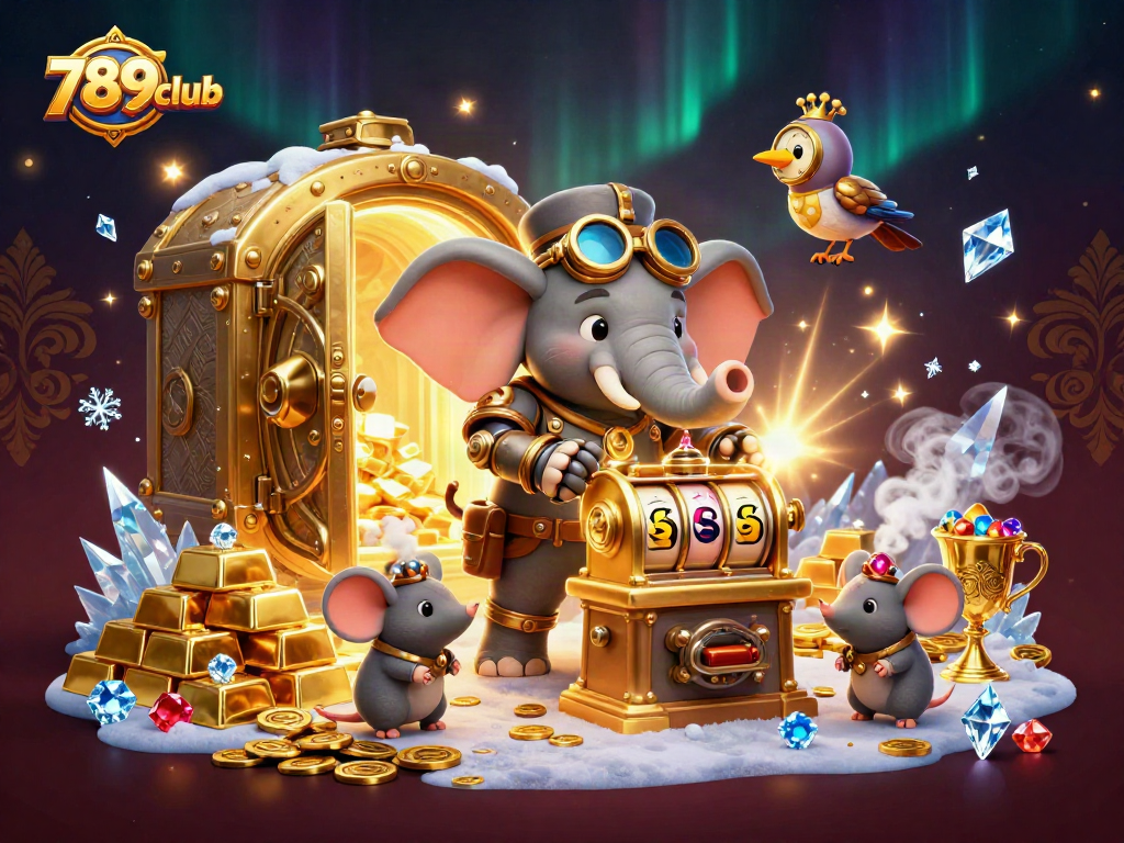 Spin to win big with 789club's vibrant steampunk casino adventure featuring golden slot machines and treasure