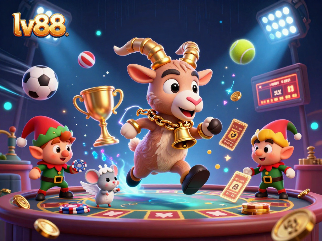 Experience the thrilling action at lv88 with a lively casino scene featuring cartoon characters battling for poker chips amid sports excitement.