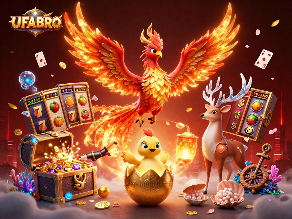 UFABRO offers a vibrant 3D illustration of a soaring phoenix, symbolizing winning potential in online slots.