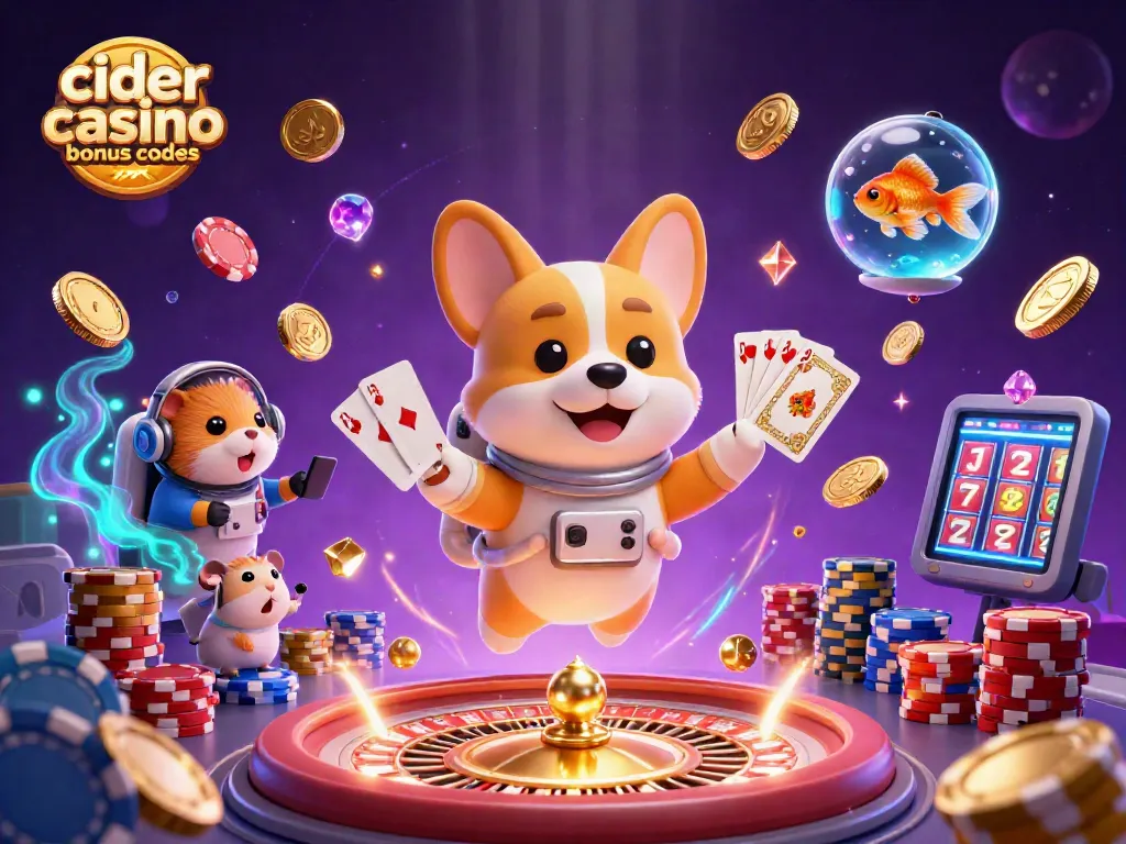 Play with Cider Casino bonus codes in a vibrant space-themed scene filled with fun characters and casino elements.