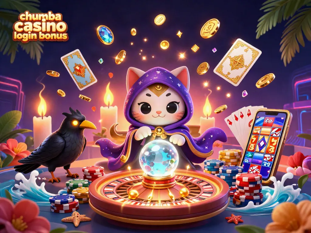Experience the excitement of chumba casino login bonus while engaging with a fortune teller cat, raven, and casino treasures.