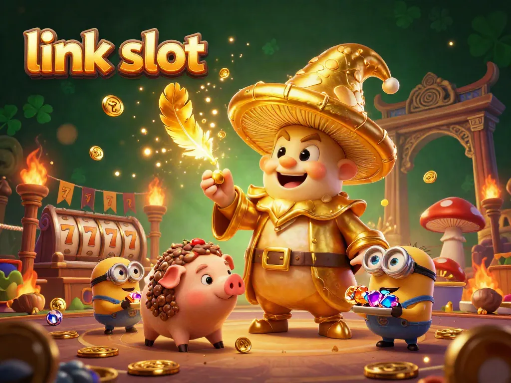 Experience thrilling gameplay with link slot in this dynamic casino-themed illustration featuring magical elements and gold treasures.