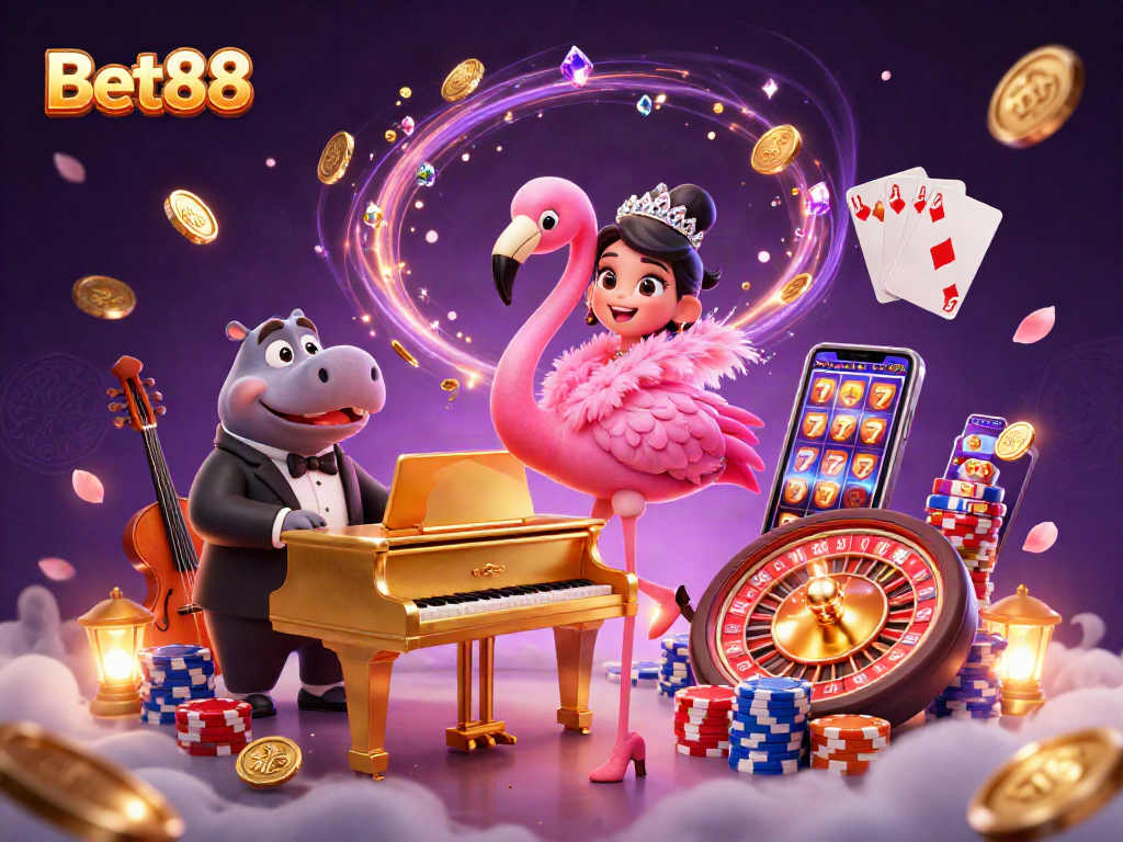 Bet88 players enjoy a vibrant casino scene with catchy characters and exciting game elements.