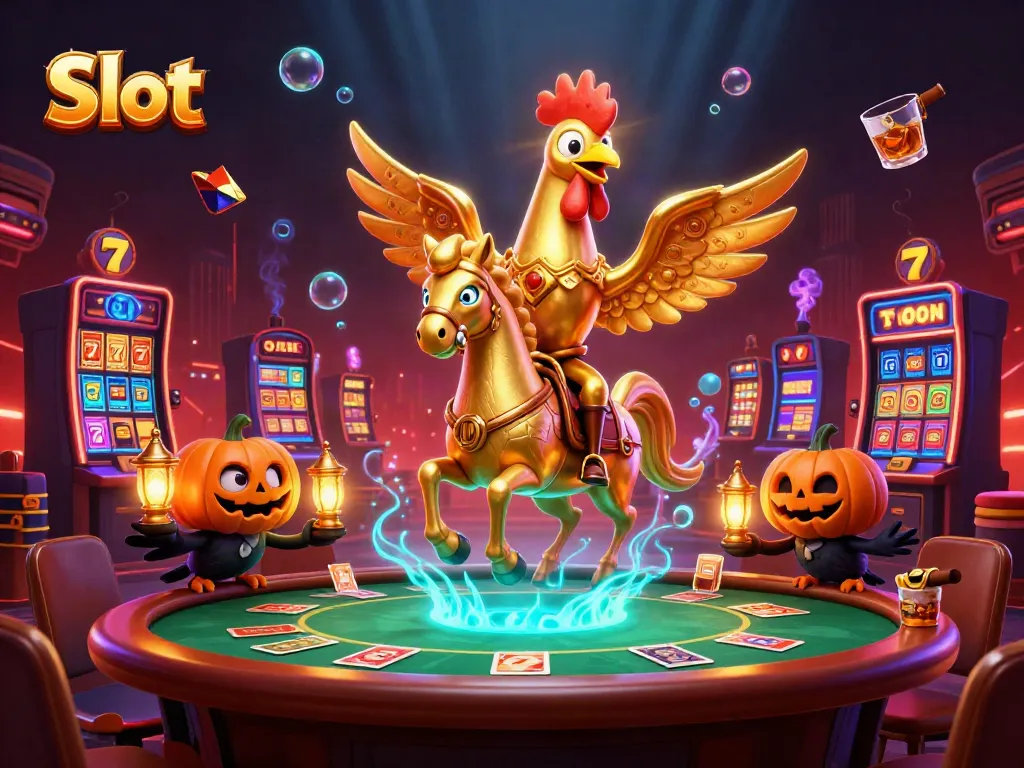 Spin the Slot machines with the golden rooster and pumpkin-headed crows in an enchanted casino.