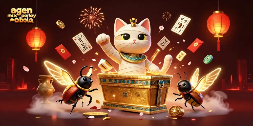 Bet on agen mix parlay bola with a vibrant casino scene featuring an Egyptian mummy cat and gold elements.