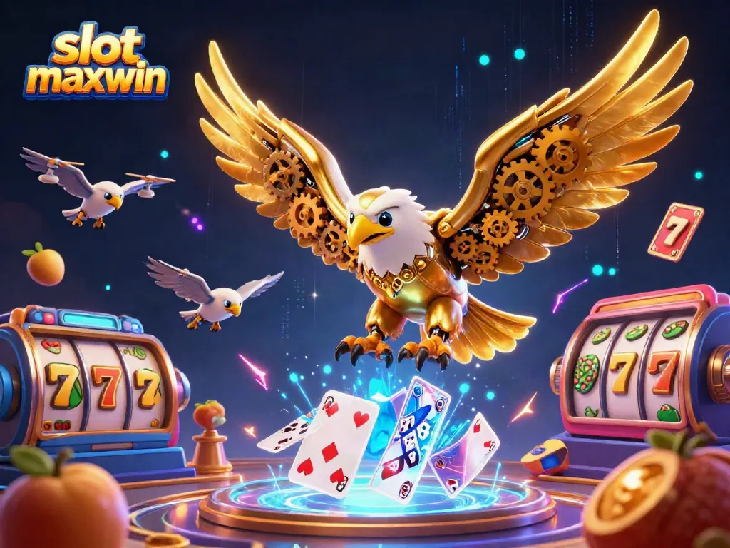 Experience the thrill of slot maxwin with a cybernetic eagle amidst dynamic slot game elements.