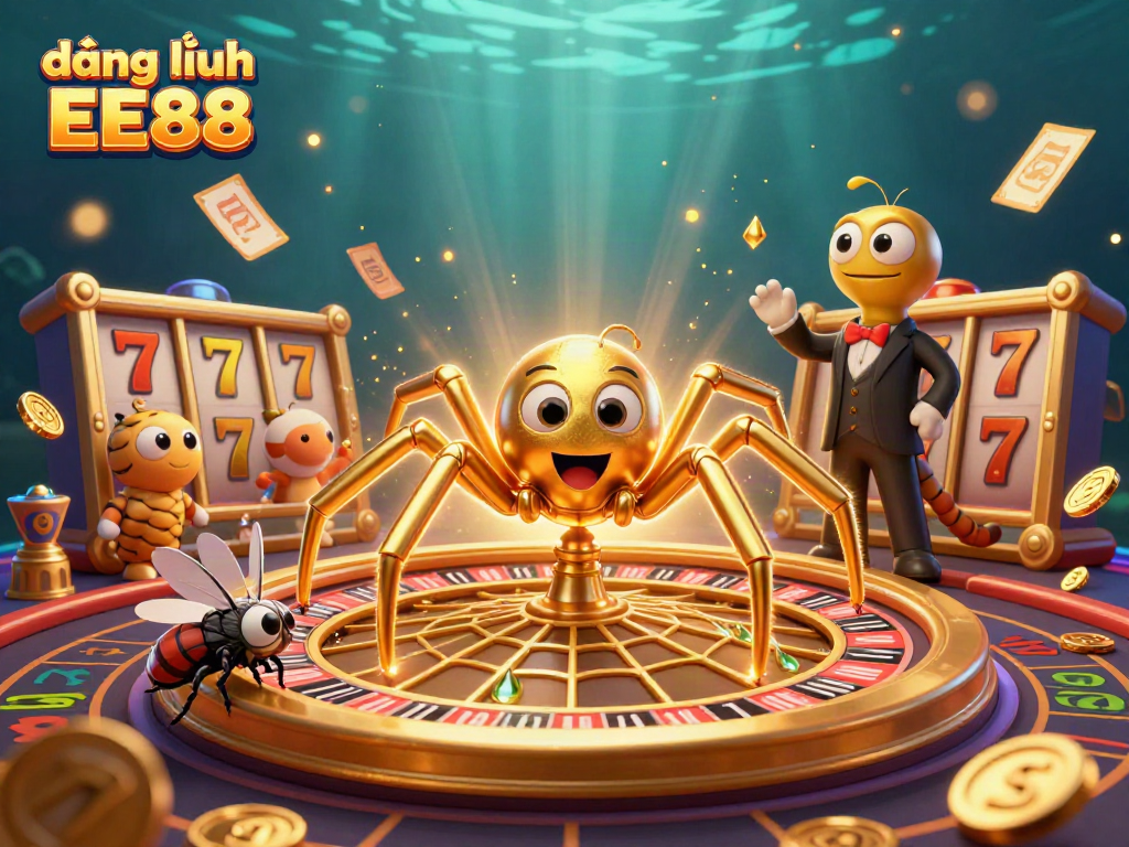 Bet with đăng nhập EE88 in an ultra-detailed casino scene featuring a golden spider and a dynamic roulette wheel.