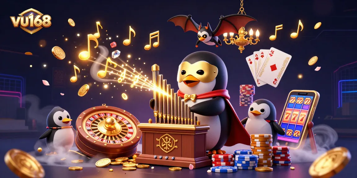 Join the action at vu168 as a masked penguin plays for winning coins amidst vibrant casino elements.