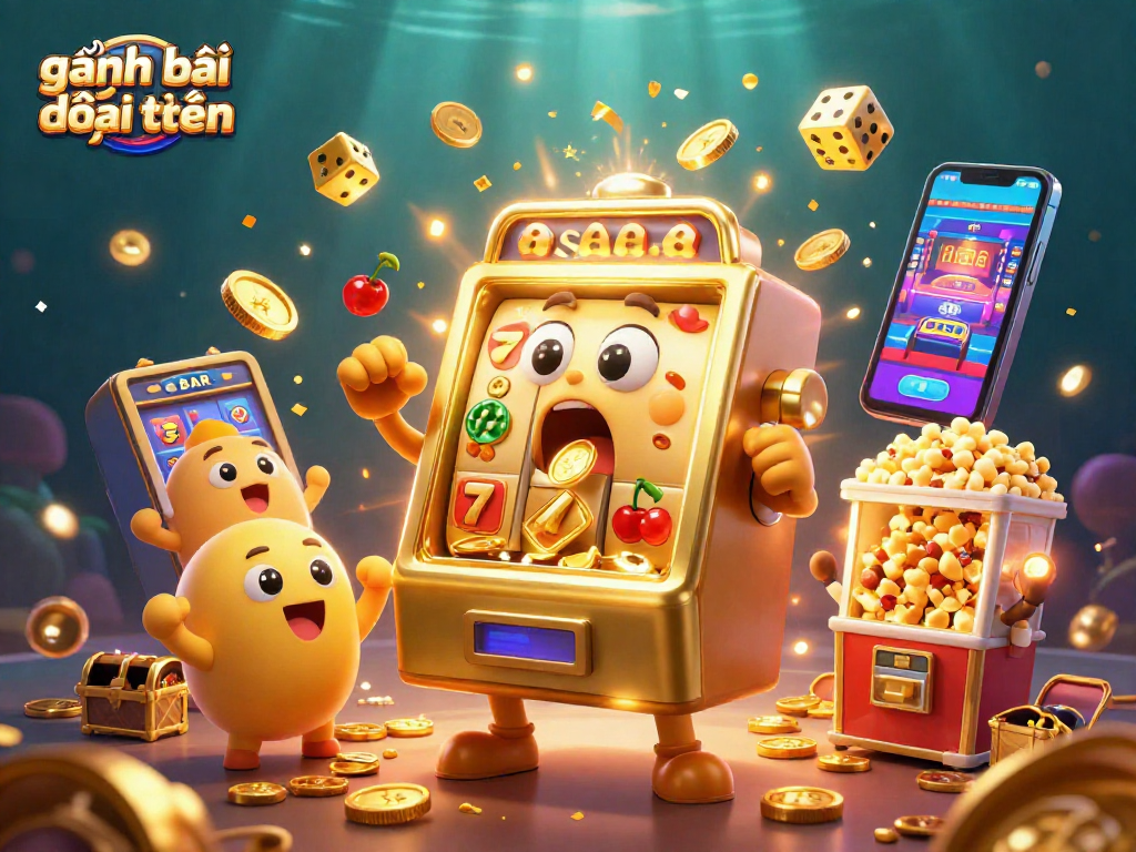 Experience the excitement of game đánh bài đổi thưởng as golden slot machines hit jackpots amidst falling coins.