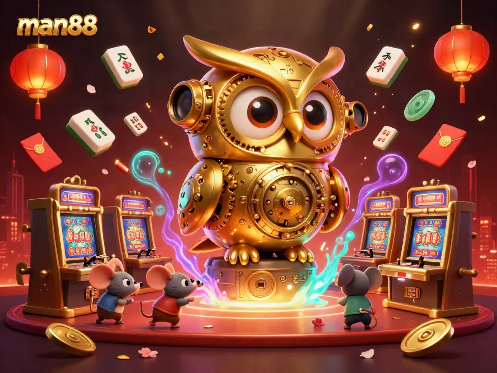 Experience thrilling gaming adventures with man88's vibrant casino scene featuring a golden owl and lucky elements.