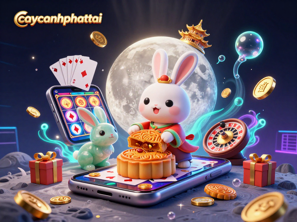 Engage with caycanhphattai's vibrant slot gaming experience featuring a moon rabbit amidst casino elements.