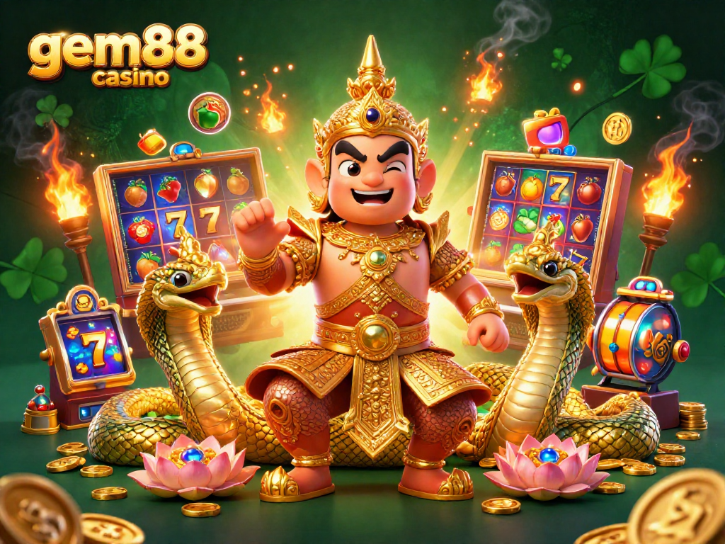 Experience the thrill at gem88 casino with vibrant slot machines and guardian characters in a magical setting.