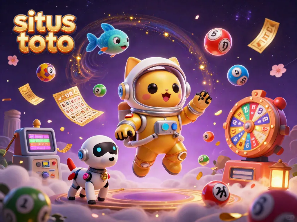 Engaging 3D illustration showcasing the situs toto theme with a cosmic cat astronaut and robot dog in a vibrant, dynamic casino scene.