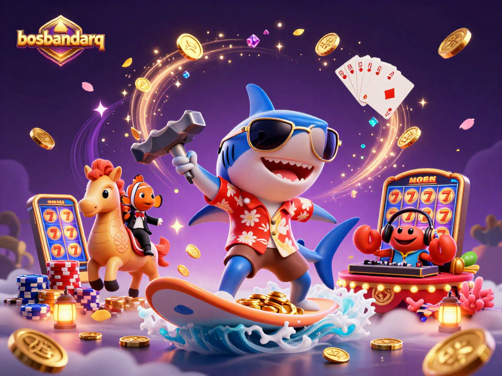 Experience excitement at bosbandarq with a shark surfing gold coins and vibrant casino elements