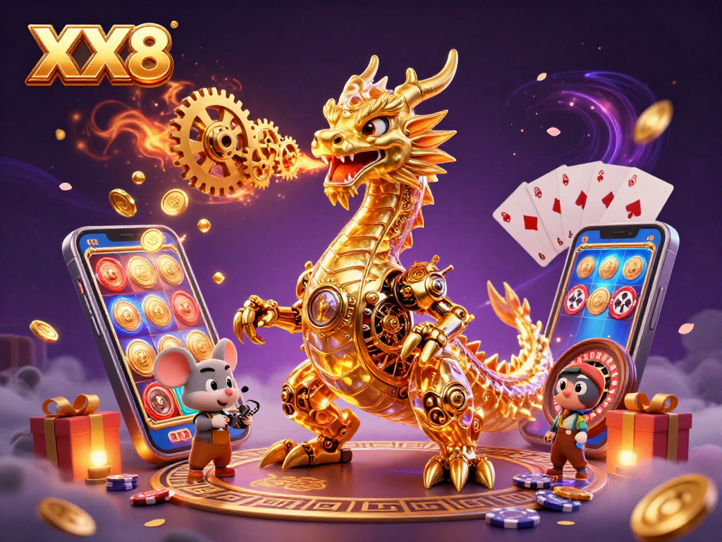 Experience winning moments at XX8 with a dynamic scene of a golden dragon and casino elements.