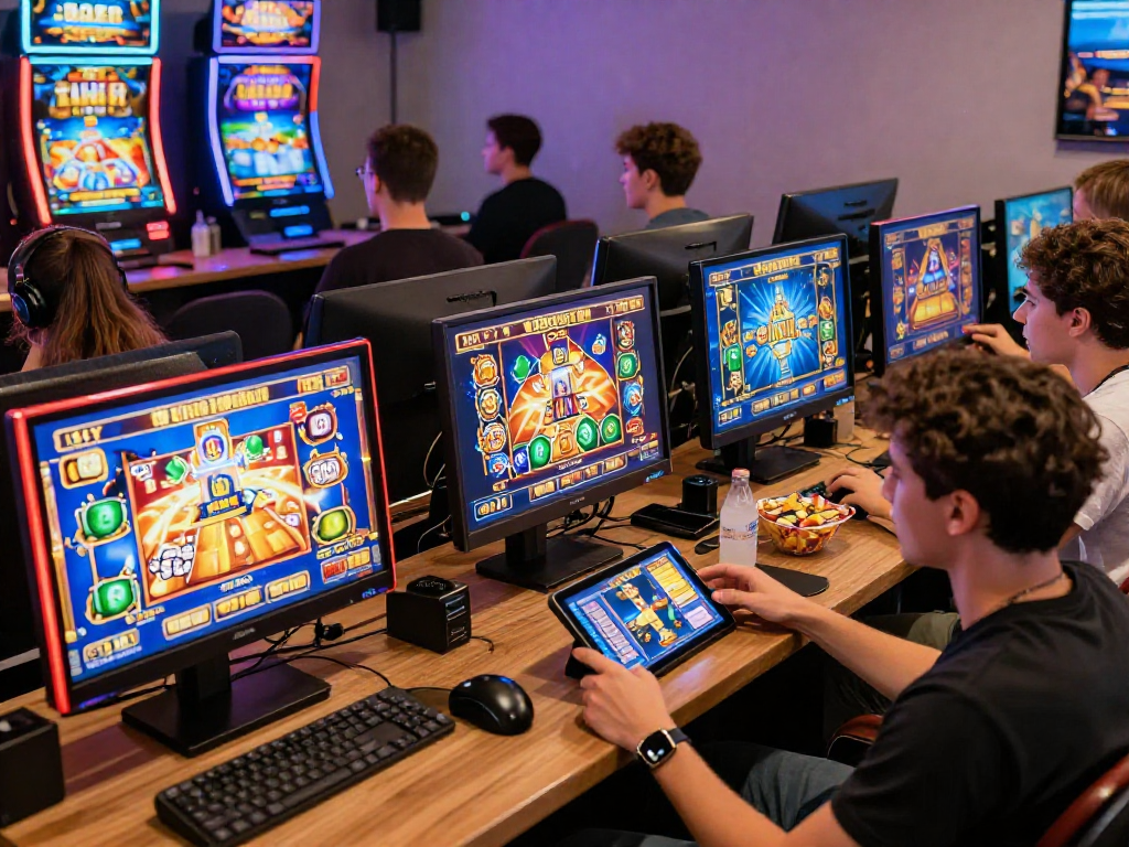 Exciting nx303 daftar scene with players enjoying diverse slot games across devices in a vibrant gaming environment.