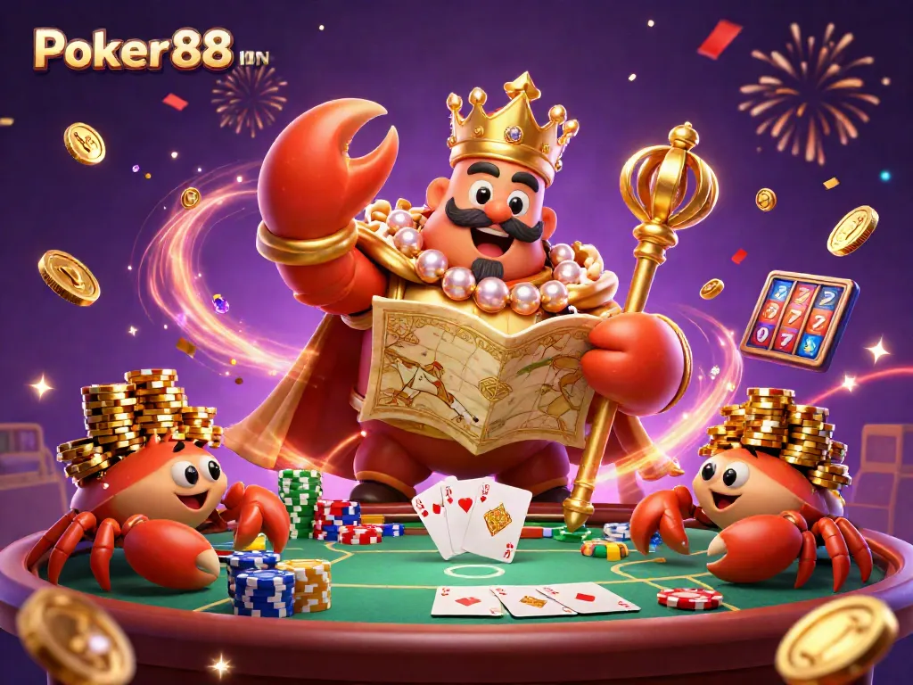 Engage with Poker88 IDN at a vibrant poker scene featuring a golden crab emperor and sparkling casino elements.
