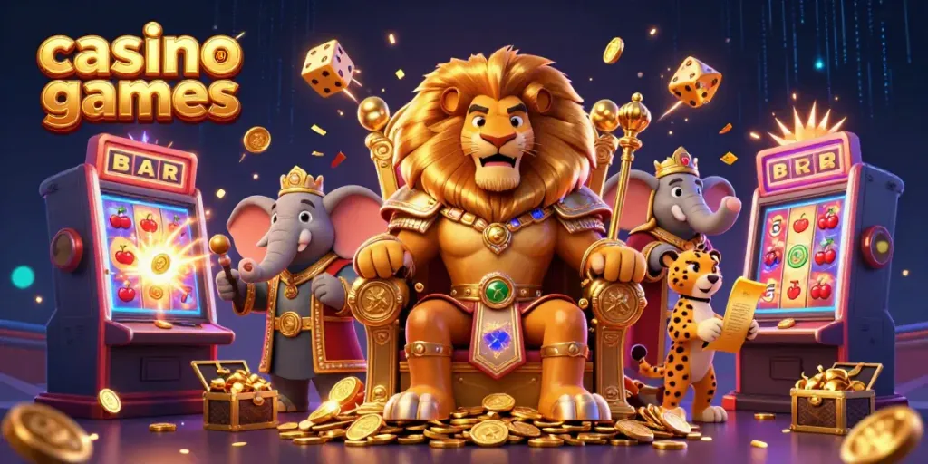 Engaging 3D illustration of casino games featuring a lion king, elephant advisor, and cheetah messenger in a vibrant casino environment.