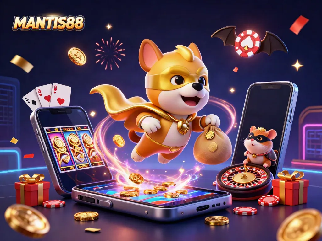 MANTIS88 gaming scene showcasing a superhero dog flying with coins and a hamster, surrounded by slot games and poker elements.