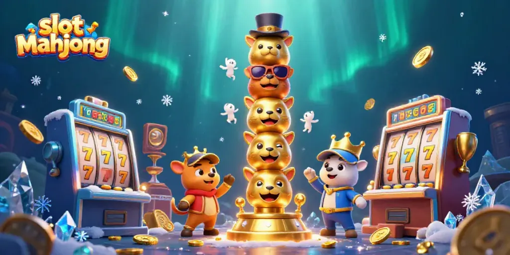 Menangkan slot mahjong dalam ilustrasi 3D yang menampilkan totem emas dengan simbol slot dan elemen judi yang dinamis.