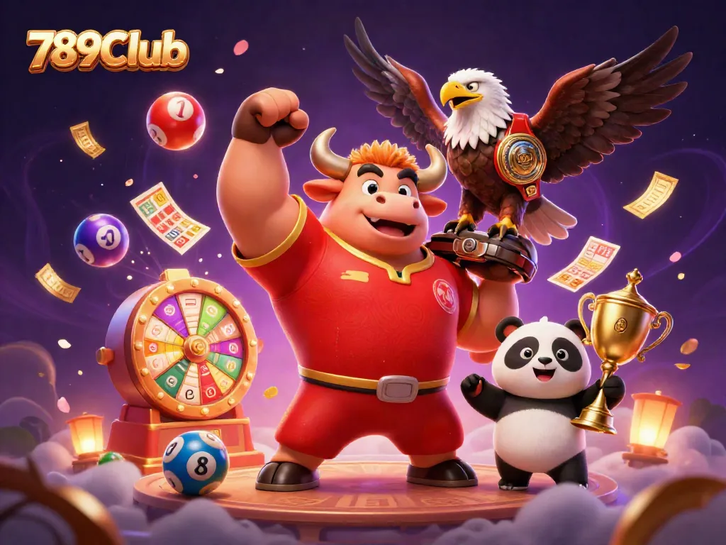 Experience the excitement of 789Club gaming with a vibrant 3D celebration scene filled with symbols of luck.