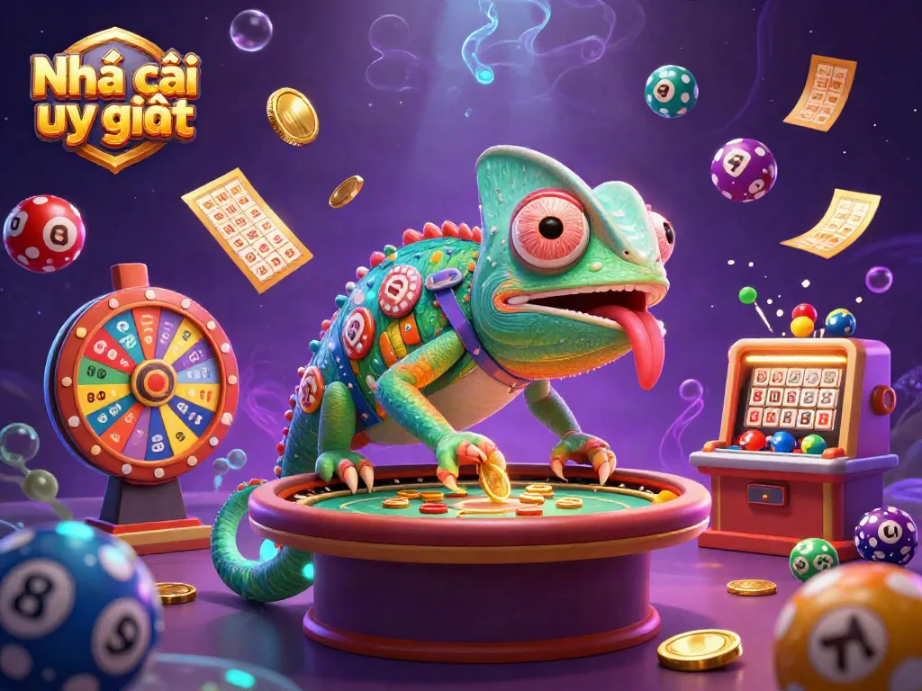 Engage in dynamic gaming with Nhà cái uy tín featuring a chameleon casino owner and vibrant prizes.