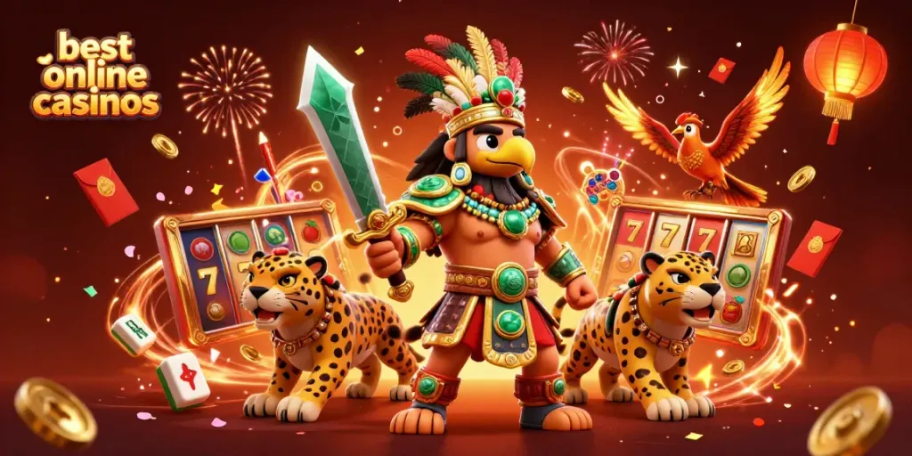 Enjoy the excitement of the best online casinos with colorful slot reels and lively characters in a vibrant 3D illustration.