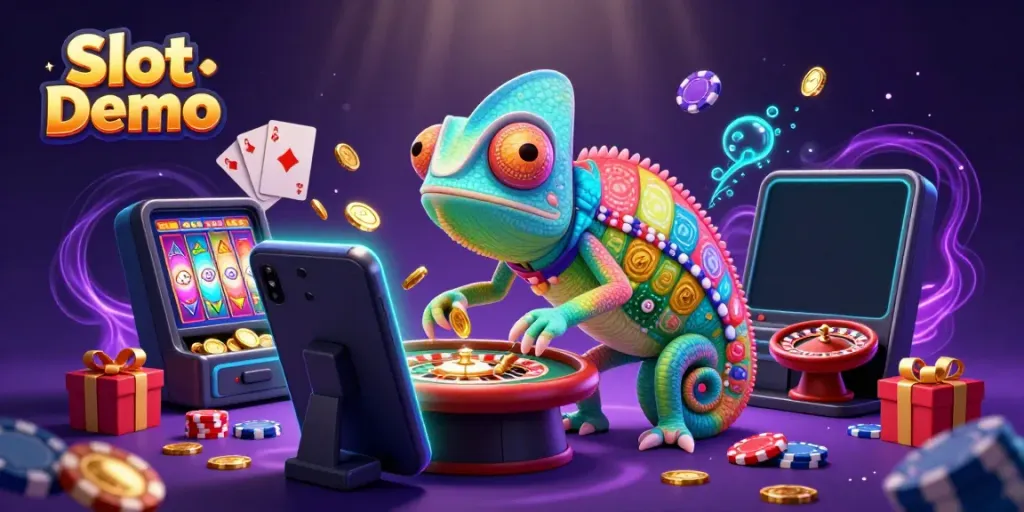 Experience the thrill of Slot Demo with a vibrant chameleon casino owner amidst spinning reels and golden coins.