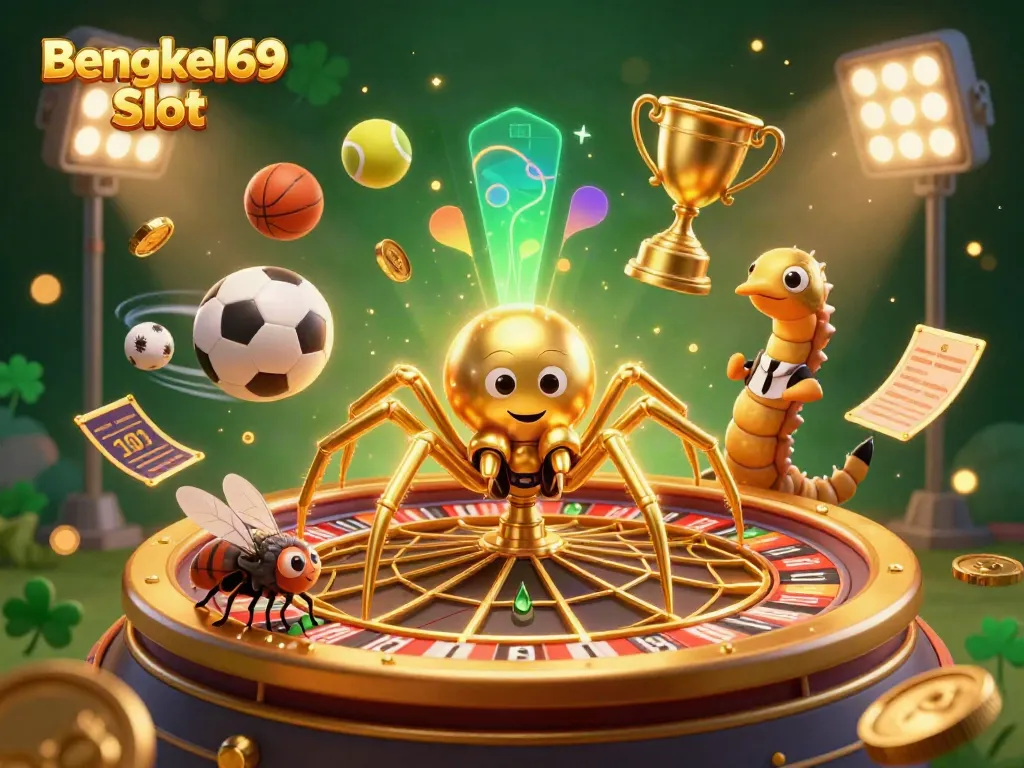 Bengkel69 Slot showcases a golden spider and croupier in a casino scene with colorful elements and dynamic action.