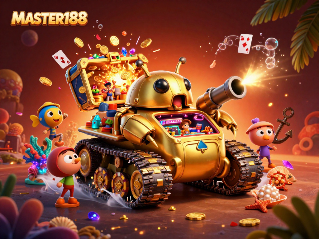 Experience the thrilling atmosphere of MASTER188 with a vibrant 3D casino scene featuring dynamic gaming elements.