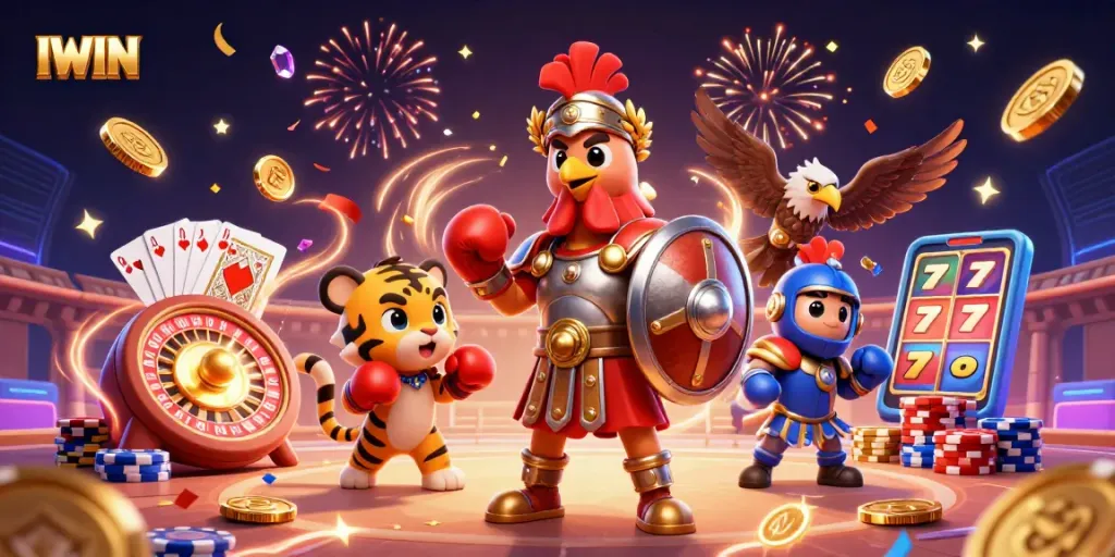 Engage with IWIN's thrilling casino adventure amidst golden coins and exciting game elements.