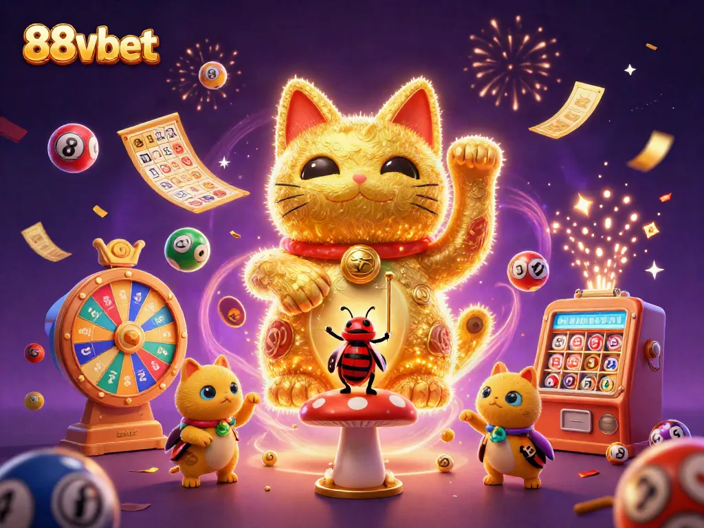 Experience thrilling play with 88vbet's lucky cat and vibrant lottery elements in this enchanting scene.