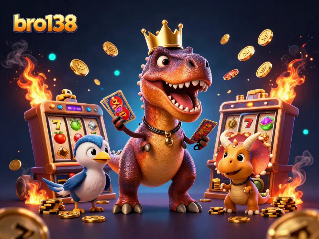 Engage with bro138's thrilling slots as a T-Rex and friends spin cards and stack chips!