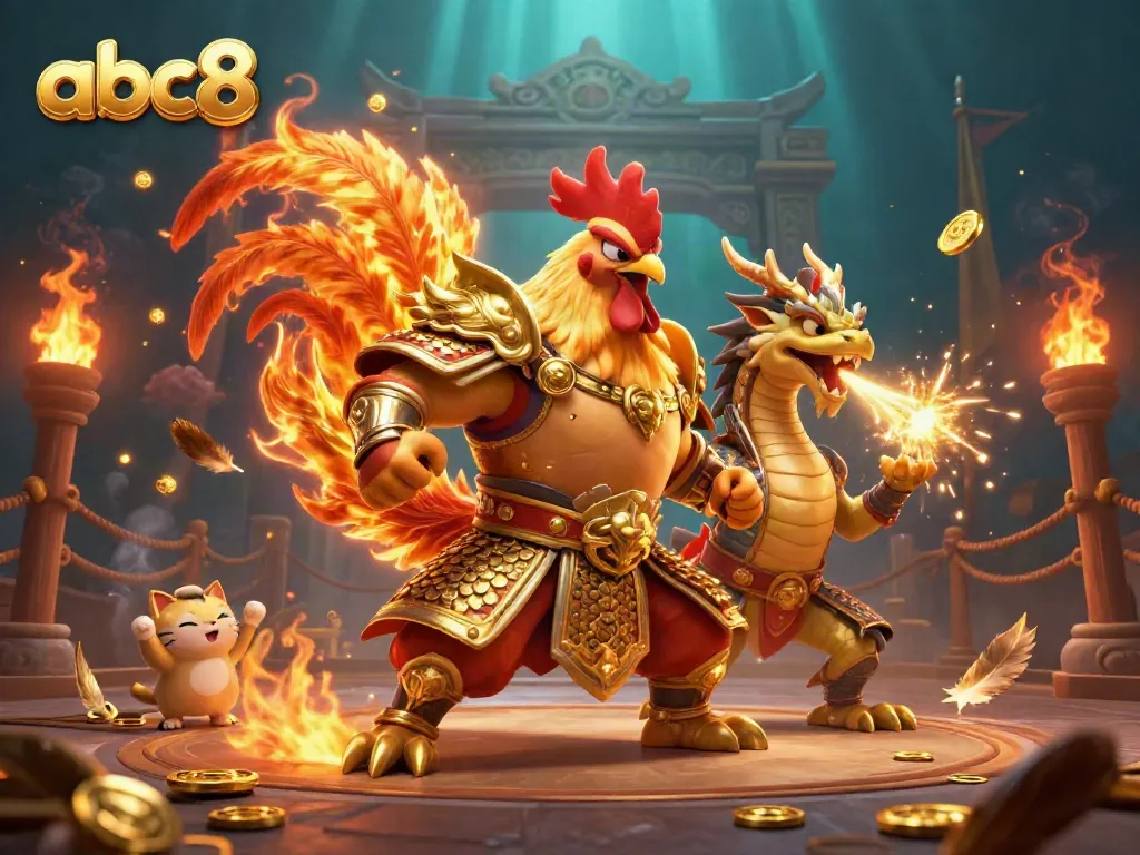Experience dynamic action with abc8's fighting rooster and dragon in a casino arena.