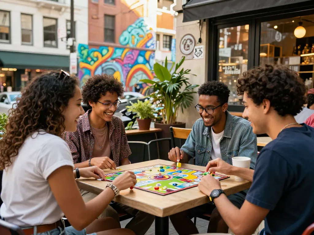 Engaging group game scene in urban café with nyonya4d elements showcasing laughter and connection among friends.