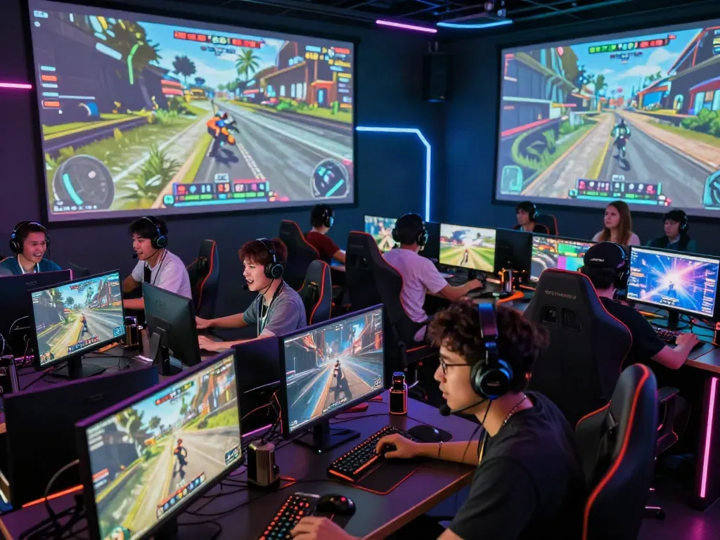 Engaged gamers competing in an exciting online game scene with vibrant LED lighting.