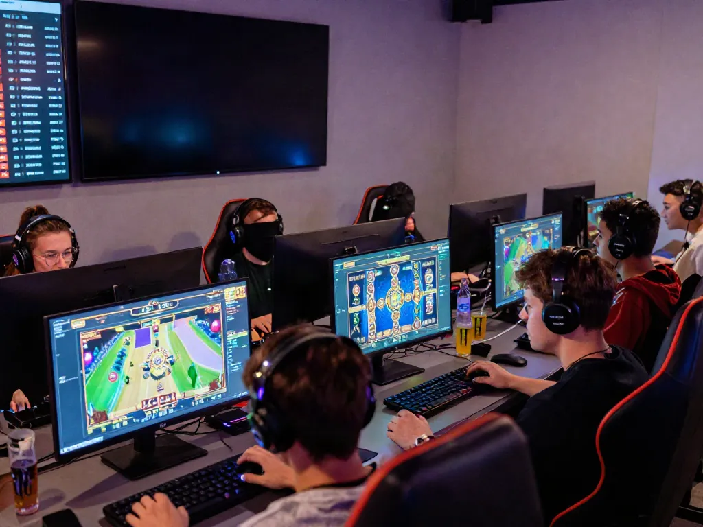 A group of gamers engaged in online slot gaming, showcasing akunjp's vibrant atmosphere.