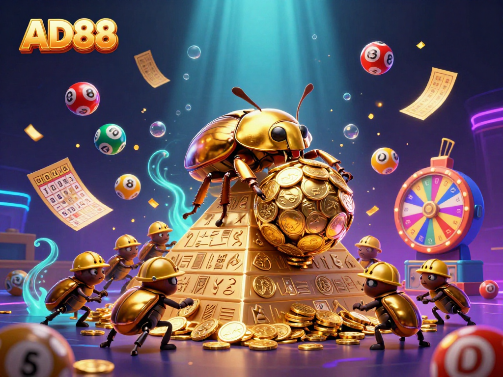 Join the excitement at AD88 with a golden dung beetle rolling coins in a vibrant digital casino scene.