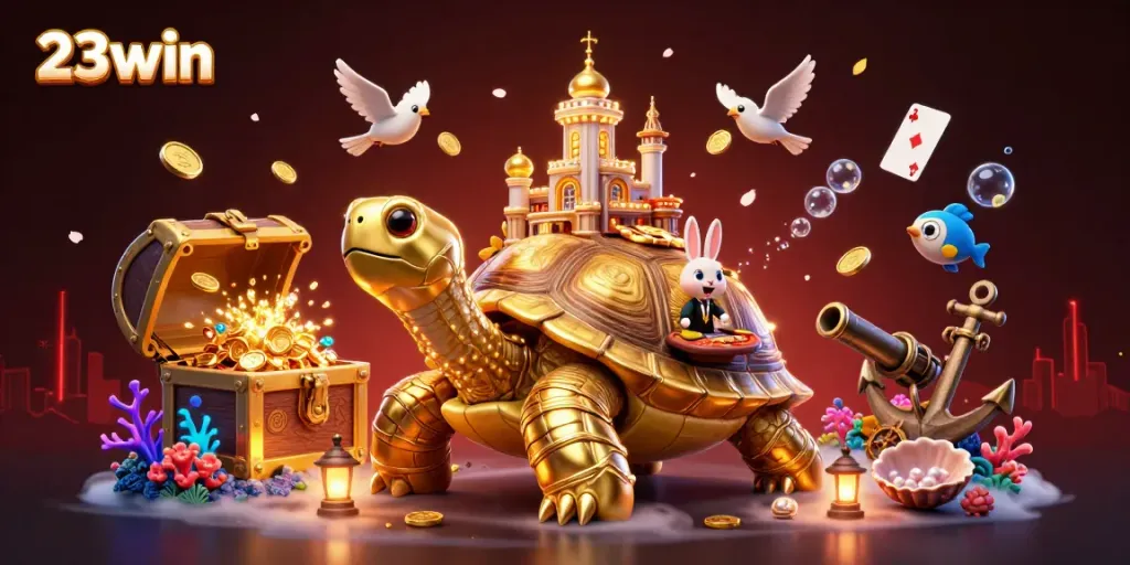 Experience 23win excitement with a vibrant casino scene featuring colorful characters and treasures