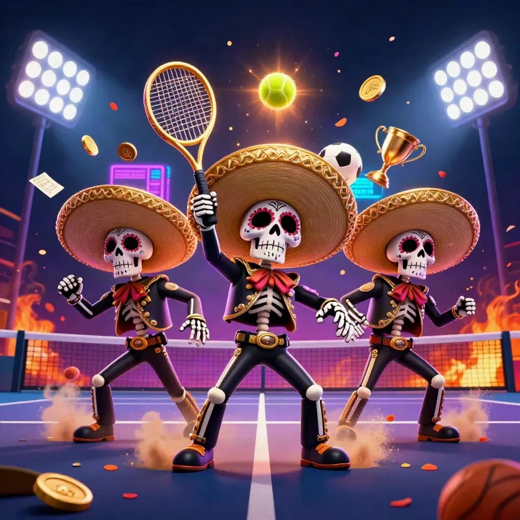 Skeleton mariachi trio on a neon night tennis court with flying balls, coins and lights.