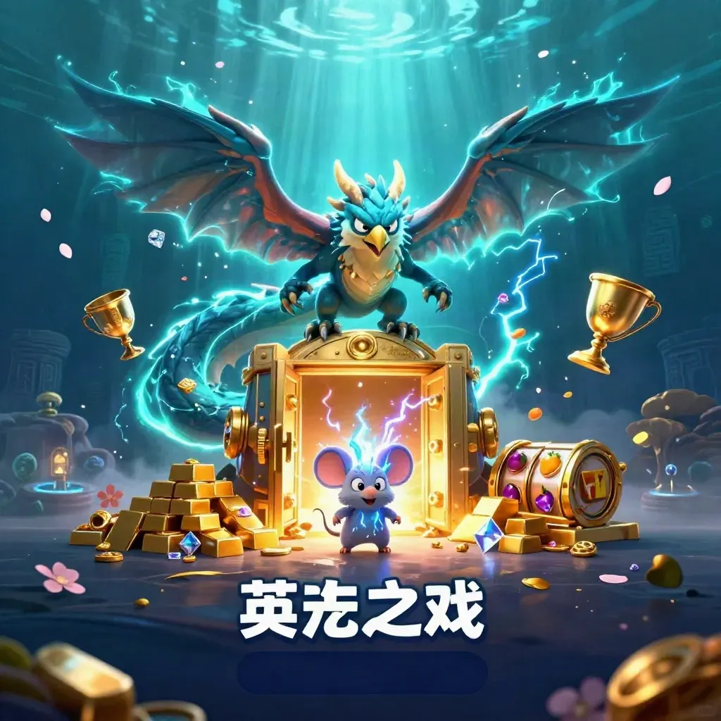 Thunder dragon, hawk, and mouse burst from a gold vault amid cyan lightning and treasure