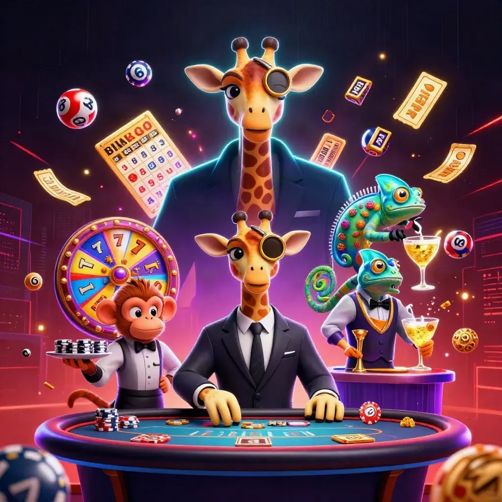 Neon casino giraffe, monkey, and chameleon amid flying slots, lottery balls, and gold treasure