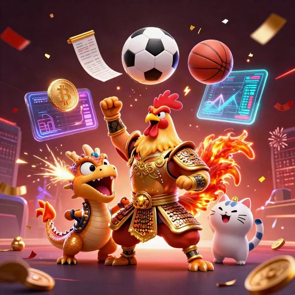 Rooster warrior, dragon hatchling and fortune cat amid neon coins, sparks, ball and betting props