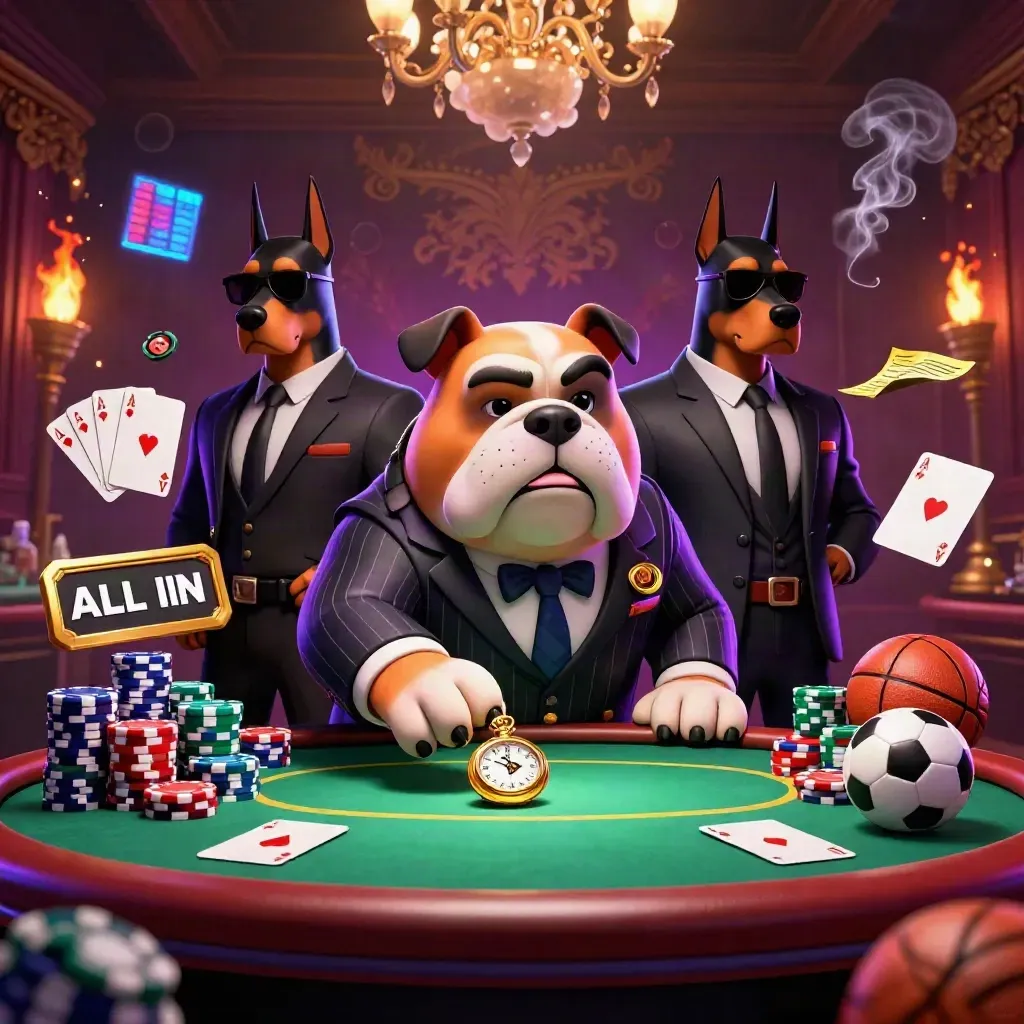 Cartoon bulldog mafia boss with Doberman guards amid casino chips, cards, and firelight.