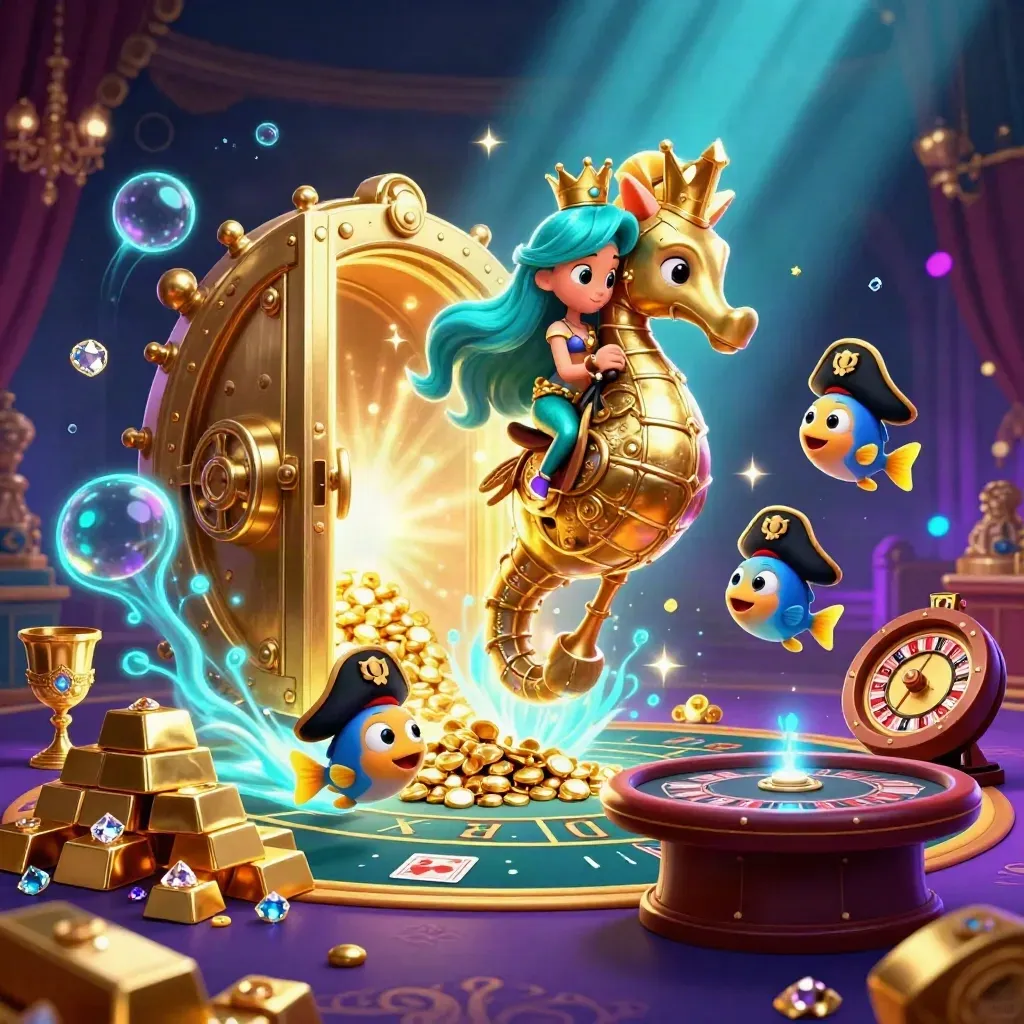 Mermaid princess rides armored seahorse amid gold vault glow, jewels, fish, and casino lights.