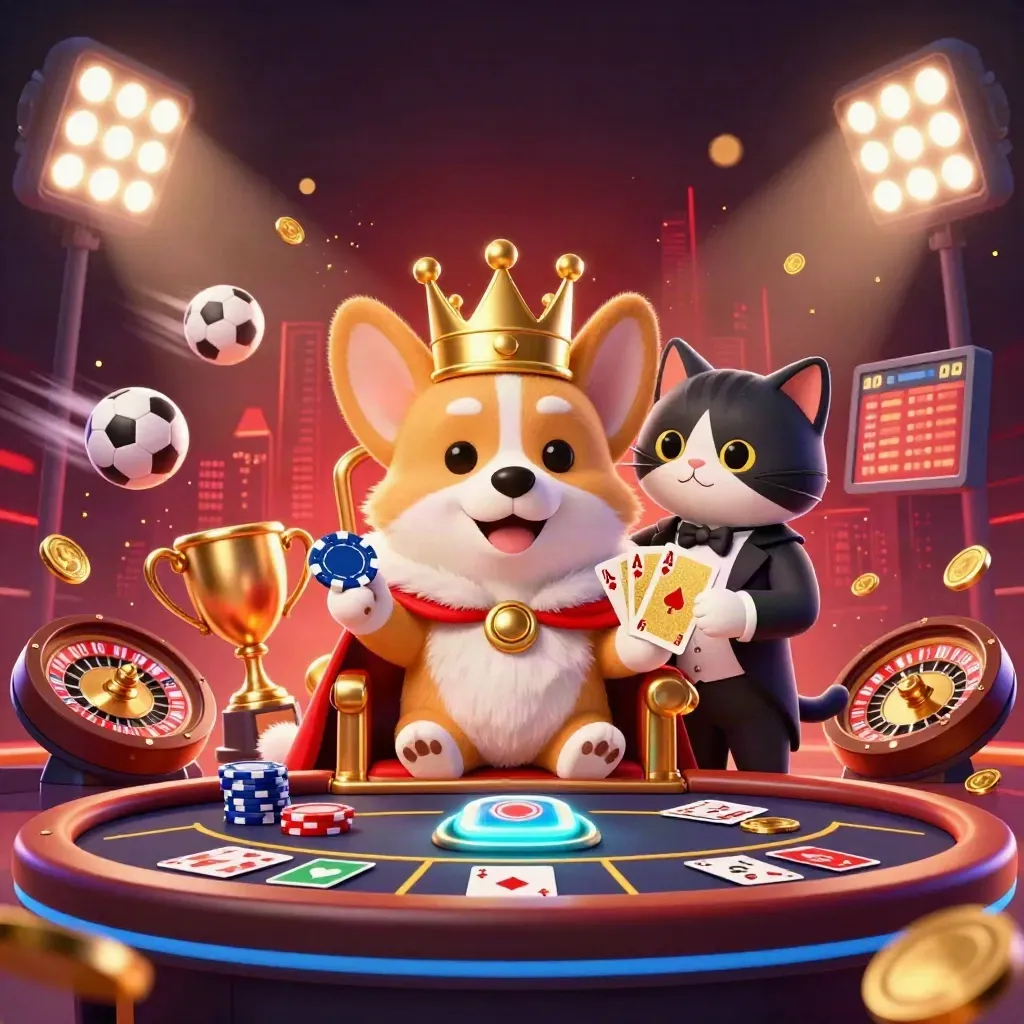 Royal corgi and cat butler amid casino lights, chips, balls, trophy, and neon skyline.
