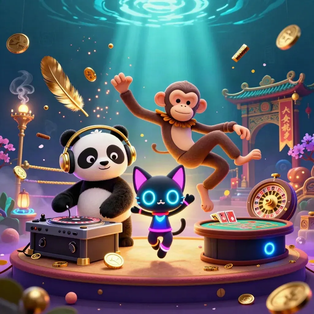 Panda DJ, monkey, and glow-stick kitten in a neon luxe casino scene with spinning roulette and teal light.